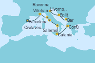 Visitando Barcelona, Villefranche (Niza/Mónaco/Francia), Livorno, Pisa y Florencia (Italia), Civitavecchia (Roma), Salerno (Italia), Catania (Sicilia), Corfú (Grecia), Bar ( Montenegro), Split (Croacia), Ravenna (Italia)