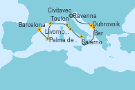 Visitando Ravenna (Italia), Dubrovnik (Croacia), Bar ( Montenegro), Salerno (Italia), Civitavecchia (Roma), Livorno, Pisa y Florencia (Italia), Toulon (Francia), Palma de Mallorca (España), Barcelona