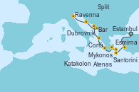 Visitando Estambul (Turquía), Esmirna (Turquía), Santorini (Grecia), Mykonos (Grecia), Atenas (Grecia), Katakolon (Olimpia/Grecia), Corfú (Grecia), Dubrovnik (Croacia), Bar ( Montenegro), Split (Croacia), Ravenna (Italia)