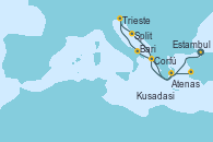 Visitando Estambul (Turquía), Corfú (Grecia), Bari (Italia), Trieste (Italia), Split (Croacia), Atenas (Grecia), Kusadasi (Efeso/Turquía)