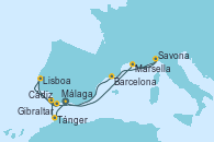 Visitando Málaga, Tánger (Marruecos), Cádiz (España), Gibraltar (Inglaterra), Lisboa (Portugal), Marsella (Francia), Savona (Italia), Barcelona, Málaga Visitando Málaga, Tánger (Marruecos), Cádiz (España), Gibraltar (Inglaterra), Lisboa (Portugal), Marsella (Francia), Savona (Italia), Barcelona, Málaga
