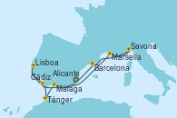 Visitando Alicante (España), Lisboa (Portugal), Cádiz (España), Tánger (Marruecos), Málaga, Marsella (Francia), Savona (Italia), Barcelona, Alicante (España)