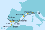 Visitando Alicante (España), Cartagena (Murcia), Málaga, Tánger (Marruecos), Cádiz (España), Gibraltar (Inglaterra), Lisboa (Portugal), Marsella (Francia), Savona (Italia), Barcelona
