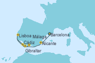 Visitando Barcelona, Alicante (España), Lisboa (Portugal), Cádiz (España), Gibraltar (Inglaterra), Málaga