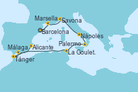 Visitando Barcelona, Marsella (Francia), Savona (Italia), Nápoles (Italia), Palermo (Italia), La Goulette (Tunez), Tánger (Marruecos), Málaga, Alicante (España)