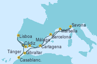 Visitando Cádiz (España), Lisboa (Portugal), Lisboa (Portugal), Gibraltar (Inglaterra), Málaga, Cartagena (Murcia), Marsella (Francia), Savona (Italia), Barcelona, Tánger (Marruecos), Casablanca (Marruecos), Cádiz (España)