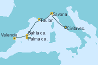 Visitando Civitavecchia (Roma), Savona (Italia), Toulon (Francia), Palma de Mallorca (España), Bahía de Palma - Experiencia a bordo, Bahía de Palma - Experiencia a bordo, Valencia Visitando Civitavecchia (Roma), Savona (Italia), Toulon (Francia), Palma de Mallorca (España), Bahía de Palma - Experiencia a bordo, Bahía de Palma - Experiencia a bordo, Valencia