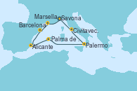 Visitando Savona (Italia), Marsella (Francia), Barcelona, Alicante (España), Palma de Mallorca (España), Palermo (Italia), Civitavecchia (Roma), Savona (Italia) Visitando Savona (Italia), Marsella (Francia), Barcelona, Alicante (España), Palma de Mallorca (España), Palermo (Italia), Civitavecchia (Roma), Savona (Italia)