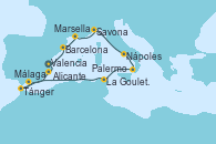 Visitando Valencia, Barcelona, Marsella (Francia), Savona (Italia), Nápoles (Italia), Palermo (Italia), La Goulette (Tunez), Tánger (Marruecos), Málaga, Alicante (España), Valencia