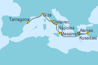 Visitando Atenas (Grecia), Kusadasi (Efeso/Turquía), Messina (Sicilia), Nápoles (Italia), Civitavecchia (Roma), Niza (Francia), Tarragona (España), Tarragona (España) Visitando Atenas (Grecia), Kusadasi (Efeso/Turquía), Messina (Sicilia), Nápoles (Italia), Civitavecchia (Roma), Niza (Francia), Tarragona (España), Tarragona (España)