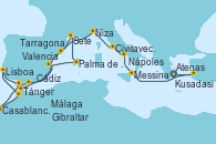 Visitando Atenas (Grecia), Kusadasi (Efeso/Turquía), Messina (Sicilia), Nápoles (Italia), Civitavecchia (Roma), Niza (Francia), Tarragona (España), Tarragona (España), Tarragona (España), Málaga, Gibraltar (Inglaterra), Casablanca (Marruecos), Cádiz (España), Lisboa (Portugal), Lisboa (Portugal), Tánger (Marruecos), Valencia, Palma de Mallorca (España), Sete (Francia), Tarragona (España)