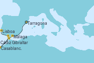 Visitando Tarragona (España), Tarragona (España), Málaga, Gibraltar (Inglaterra), Casablanca (Marruecos), Cádiz (España), Lisboa (Portugal) Visitando Tarragona (España), Tarragona (España), Málaga, Gibraltar (Inglaterra), Casablanca (Marruecos), Cádiz (España), Lisboa (Portugal)