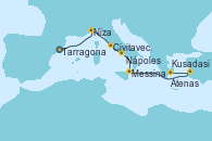Visitando Tarragona (España), Tarragona (España), Niza (Francia), Civitavecchia (Roma), Nápoles (Italia), Messina (Sicilia), Kusadasi (Efeso/Turquía), Atenas (Grecia)