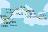 Visitando Atenas (Grecia), Kusadasi (Efeso/Turquía), Messina (Sicilia), Nápoles (Italia), Civitavecchia (Roma), Niza (Francia), Tarragona (España), Tarragona (España), Tarragona (España), Málaga, Gibraltar (Inglaterra), Melilla (España), Cádiz (España), Lisboa (Portugal), Lisboa (Portugal), Tánger (Marruecos), Valencia, Palma de Mallorca (España), Sete (Francia), Tarragona (España)