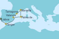 Visitando Lisboa (Portugal), Lisboa (Portugal), Tánger (Marruecos), Valencia, Palma de Mallorca (España), Marsella (Francia), Tarragona (España) Visitando Lisboa (Portugal), Lisboa (Portugal), Tánger (Marruecos), Valencia, Palma de Mallorca (España), Marsella (Francia), Tarragona (España)
