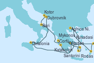 Visitando Atenas (Grecia), Cefalonia (Grecia), Dubrovnik (Croacia), Dubrovnik (Croacia), Kotor (Montenegro), Bari (Italia), Corfú (Grecia), Katakolon (Olimpia/Grecia), Atenas (Grecia), Kusadasi (Efeso/Turquía), Rodas (Grecia), Aghios Nikolaos (Grecia), Santorini (Grecia), Mykonos (Grecia), Atenas (Grecia), Atenas (Grecia)