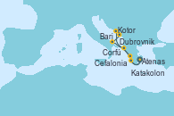 Visitando Atenas (Grecia), Cefalonia (Grecia), Kotor (Montenegro), Kotor (Montenegro), Dubrovnik (Croacia), Bari (Italia), Corfú (Grecia), Katakolon (Olimpia/Grecia), Atenas (Grecia) Visitando Atenas (Grecia), Cefalonia (Grecia), Kotor (Montenegro), Kotor (Montenegro), Dubrovnik (Croacia), Bari (Italia), Corfú (Grecia), Katakolon (Olimpia/Grecia), Atenas (Grecia)