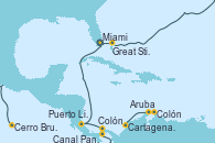 Visitando Miami (Florida/EEUU), Great Stirrup Cay (Bahamas), Cerro Brujo (Isla San Cristóbal/Galápagos), Colón, Aruba (Antillas), Cartagena de Indias (Colombia), Canal Panamá, Colón (Panamá), Puerto Limón (Costa Rica), Miami (Florida/EEUU)