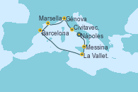 Visitando Nápoles (Italia), Messina (Sicilia), La Valletta (Malta), Barcelona, Marsella (Francia), Génova (Italia), Civitavecchia (Roma) Visitando Nápoles (Italia), Messina (Sicilia), La Valletta (Malta), Barcelona, Marsella (Francia), Génova (Italia), Civitavecchia (Roma)