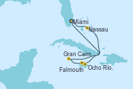 Visitando Miami (Florida/EEUU), Nassau (Bahamas), Gran Caimán (Islas Caimán), Falmouth (Jamaica), Ocho Ríos (Jamaica), Miami (Florida/EEUU)