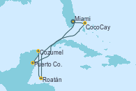 Visitando Miami (Florida/EEUU), Roatán (Honduras), Cozumel (México), Puerto Costa Maya (México), CocoCay (Bahamas), Miami (Florida/EEUU)