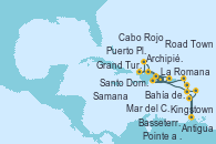 Visitando La Romana (República Dominicana), Mar del Caribe - Experiencia a bordo, Kingstown (Granadinas), Antigua (Antillas), Pointe a Pitre (Guadalupe), Bahía de Guadalupe - Experiencia a bordo, Bahía de Guadalupe - Experiencia a bordo, Basseterre (Antillas), Road Town (Isla Tórtola/Islas Vírgenes), La Romana (República Dominicana), Santo Domingo (República Dominicana), Cabo Rojo, Grand Turks(Turks & Caicos), Archipiélago de las Islas Turcas y Caicos -Experie, Puerto Plata, Republica Dominicana, Samana (República Dominicana), La Romana (República Dominicana)