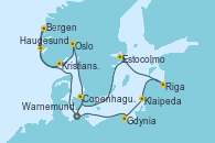 Visitando Warnemunde (Alemania), Haugesund (Noruega), Bergen (Noruega), Kristiansand (Noruega), Oslo (Noruega), Copenhague (Dinamarca), Warnemunde (Alemania), Gdynia (Polonia), Klaipeda (Lituania), Riga (Letonia), Estocolmo (Suecia), Copenhague (Dinamarca), Warnemunde (Alemania)