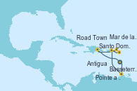 Visitando Pointe a Pitre (Guadalupe), Basseterre (Antillas), Mar de las Antillas - Experiencia a bordo, Antigua (Antillas), Road Town (Isla Tórtola/Islas Vírgenes), Santo Domingo (República Dominicana), Pointe a Pitre (Guadalupe)
