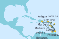Visitando Pointe a Pitre (Guadalupe), Castries (Santa Lucía/Caribe), Basseterre (Antillas), Mar de las Antillas - Experiencia a bordo, Philipsburg (St. Maarten), Santo Domingo (República Dominicana), Antigua (Antillas), Martinica (Antillas), Bahía de Martinica - Experiencia a bordo, Pointe a Pitre (Guadalupe)
