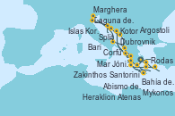 Visitando Atenas (Grecia), Santorini (Grecia), Heraklion (Creta), Zakinthos (Grecia), Mar Jónico - Experiencia a bordo, Mar Jónico - Experiencia a bordo, Kotor (Montenegro), Dubrovnik (Croacia), Split (Croacia), Islas Kornati (Croacia), Marghera (Venecia/Italia), Laguna de Venecia - Experiencia a bordo, Bari (Italia), Corfú (Grecia), Argostoli (Grecia), Abismo de Calipso - Experiencia a bordo, Abismo de Calipso - Experiencia a bordo, Bahía de Souda (Grecia), Rodas (Grecia), Mykonos (Grecia), Atenas (Grecia)