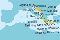 Visitando Marghera (Venecia/Italia)Laguna de Venecia - Experiencia a bordo, Bari (Italia), Corfú (Grecia), Argostoli (Grecia), Abismo de Calipso - Experiencia a bordo, Abismo de Calipso - Experiencia a bordo, Bahía de Souda (Grecia), Rodas (Grecia), Mykonos (Grecia), Atenas (Grecia), Santorini (Grecia), Heraklion (Creta), Zakinthos (Grecia), Mar Jónico - Experiencia a bordo, Mar Jónico - Experiencia a bordo, Kotor (Montenegro), Dubrovnik (Croacia), Split (Croacia), Islas Kornati (Croacia), Marghera (Venecia/Italia)