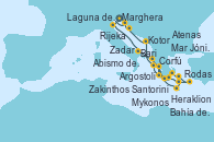Visitando Marghera (Venecia/Italia)Laguna de Venecia - Experiencia a bordo, Bari (Italia), Corfú (Grecia), Argostoli (Grecia), Abismo de Calipso - Experiencia a bordo, Abismo de Calipso - Experiencia a bordo, Bahía de Souda (Grecia), Rodas (Grecia), Mykonos (Grecia), Atenas (Grecia), Santorini (Grecia), Heraklion (Creta), Zakinthos (Grecia), Mar Jónico - Experiencia a bordo, Mar Jónico - Experiencia a bordo, Kotor (Montenegro), Zadar (Croacia), Rijeka (Croacia), Marghera (Venecia/Italia)