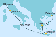 Visitando Savona (Italia), Civitavecchia (Roma), Messina (Sicilia), Heraklion (Creta), Atenas (Grecia), Estambul (Turquía)