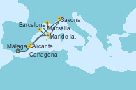 Visitando Málaga, Marsella (Francia), Savona (Italia), Barcelona, Mar de las Baleares - Experiencia a bordo, Mar de las Baleares - Experiencia a bordo, Alicante (España), Cartagena (Murcia), Málaga