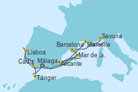 Visitando Málaga, Marsella (Francia), Savona (Italia), Barcelona, Mar de las Baleares - Experiencia a bordo, Mar de las Baleares - Experiencia a bordo, Alicante (España), Lisboa (Portugal), Cádiz (España), Tánger (Marruecos), Málaga