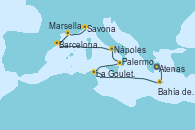 Visitando Atenas (Grecia), Bahía de Souda (Grecia), La Goulette (Tunez), Palermo (Italia), Nápoles (Italia), Barcelona, Marsella (Francia), Savona (Italia)