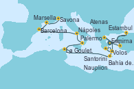 Visitando Atenas (Grecia), Estambul (Turquía), Esmirna (Turquía), Volos (Grecia), Santorini (Grecia), Nauplion (Grecia), Atenas (Grecia), Bahía de Souda (Grecia), La Goulette (Tunez), Palermo (Italia), Nápoles (Italia), Barcelona, Marsella (Francia), Savona (Italia)