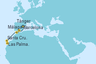 Visitando Barcelona, Málaga, Tánger (Marruecos), Las Palmas de Gran Canaria (España), Santa Cruz de la Palma (España), Santa Cruz de Tenerife (España), Santa Cruz de Tenerife (España)