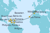 Visitando Barcelona, Málaga, Las Palmas de Gran Canaria (España), Pointe a Pitre (Guadalupe), Philipsburg (St. Maarten), La Romana (República Dominicana), Mar del Caribe - Experiencia a bordo, Castries (Santa Lucía/Caribe), Pointe a Pitre (Guadalupe), Bahía de Guadalupe - Experiencia a bordo, Bahía de Guadalupe - Experiencia a bordo, Antigua (Antillas), Basseterre (Antillas), Road Town (Isla Tórtola/Islas Vírgenes), La Romana (República Dominicana)
