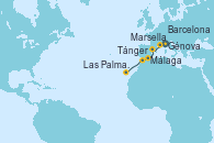 Visitando Génova (Italia), Marsella (Francia), Barcelona, Málaga, Tánger (Marruecos), Las Palmas de Gran Canaria (España)