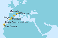 Visitando Génova (Italia), Marsella (Francia), Barcelona, Málaga, Tánger (Marruecos), Las Palmas de Gran Canaria (España), Santa Cruz de la Palma (España), Santa Cruz de Tenerife (España), Santa Cruz de Tenerife (España)