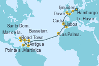 Visitando Hamburgo (Alemania), Ijmuiden (Ámsterdam), Dover (Inglaterra), Le Havre (Francia), Lisboa (Portugal), Cádiz (España), Las Palmas de Gran Canaria (España), Martinica (Antillas), Pointe a Pitre (Guadalupe), Basseterre (Antillas), Mar de las Antillas - Experiencia a bordo, Antigua (Antillas), Road Town (Isla Tórtola/Islas Vírgenes), Santo Domingo (República Dominicana)