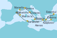 Visitando BarcelonaMar de las Baleares - Experiencia a bordo, Mar de las Baleares - Experiencia a bordo, Marsella (Francia), Savona (Italia), Civitavecchia (Roma), Messina (Sicilia), Esmirna (Turquía), Estambul (Turquía), Atenas (Grecia), Katakolon (Olimpia/Grecia), La Goulette (Tunez), Barcelona
