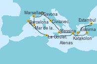 Visitando Savona (Italia), Civitavecchia (Roma), Messina (Sicilia), Esmirna (Turquía), Estambul (Turquía), Atenas (Grecia), Katakolon (Olimpia/Grecia), La Goulette (Tunez), Barcelona, Mar de las Baleares - Experiencia a bordo, Mar de las Baleares - Experiencia a bordo, Marsella (Francia), Savona (Italia)