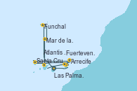 Visitando Las Palmas de Gran Canaria (España), Funchal (Madeira), Mar de las islas Canarias - Experiencia a bordo, Santa Cruz de Tenerife (España), Santa Cruz de Tenerife (España), Fuerteventura (Canarias/España), Santa Cruz de la Palma (España), Arrecife (Lanzarote/España), Atlantis crest Oeste - Experiencia a bordo, Las Palmas de Gran Canaria (España)