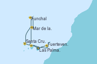 Visitando Las Palmas de Gran Canaria (España), Fuerteventura (Canarias/España), Santa Cruz de Tenerife (España), Santa Cruz de Tenerife (España), Funchal (Madeira), Mar de las islas Canarias - Experiencia a bordo, Santa Cruz de la Palma (España), Las Palmas de Gran Canaria (España)