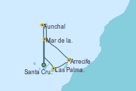Visitando Santa Cruz de Tenerife (España), Santa Cruz de Tenerife (España), Funchal (Madeira), Mar de las islas Canarias - Experiencia a bordo, Arrecife (Lanzarote/España), Las Palmas de Gran Canaria (España), Funchal (Madeira), Mar de las islas Canarias - Experiencia a bordo, Santa Cruz de Tenerife (España)