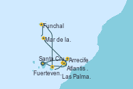 Visitando Santa Cruz de Tenerife (España), Arrecife (Lanzarote/España), Atlantis crest Oeste - Experiencia a bordo, Funchal (Madeira), Mar de las islas Canarias - Experiencia a bordo, Las Palmas de Gran Canaria (España), Fuerteventura (Canarias/España), Santa Cruz de Tenerife (España), Santa Cruz de Tenerife (España)