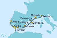 Visitando BarcelonaMar de las Baleares - Experiencia a bordo, Mar de las Baleares - Experiencia a bordo, Alicante (España), Lisboa (Portugal), Cádiz (España), Gibraltar (Inglaterra), Málaga, Marsella (Francia), Savona (Italia), Barcelona