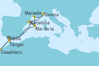 Visitando Cádiz (España), Barcelona, Mar de las Baleares - Experiencia a bordo, Mar de las Baleares - Experiencia a bordo, Marsella (Francia), Savona (Italia), Barcelona, Mar de las Baleares - Experiencia a bordo, Mar de las Baleares - Experiencia a bordo, Tánger (Marruecos), Casablanca (Marruecos), Cádiz (España)